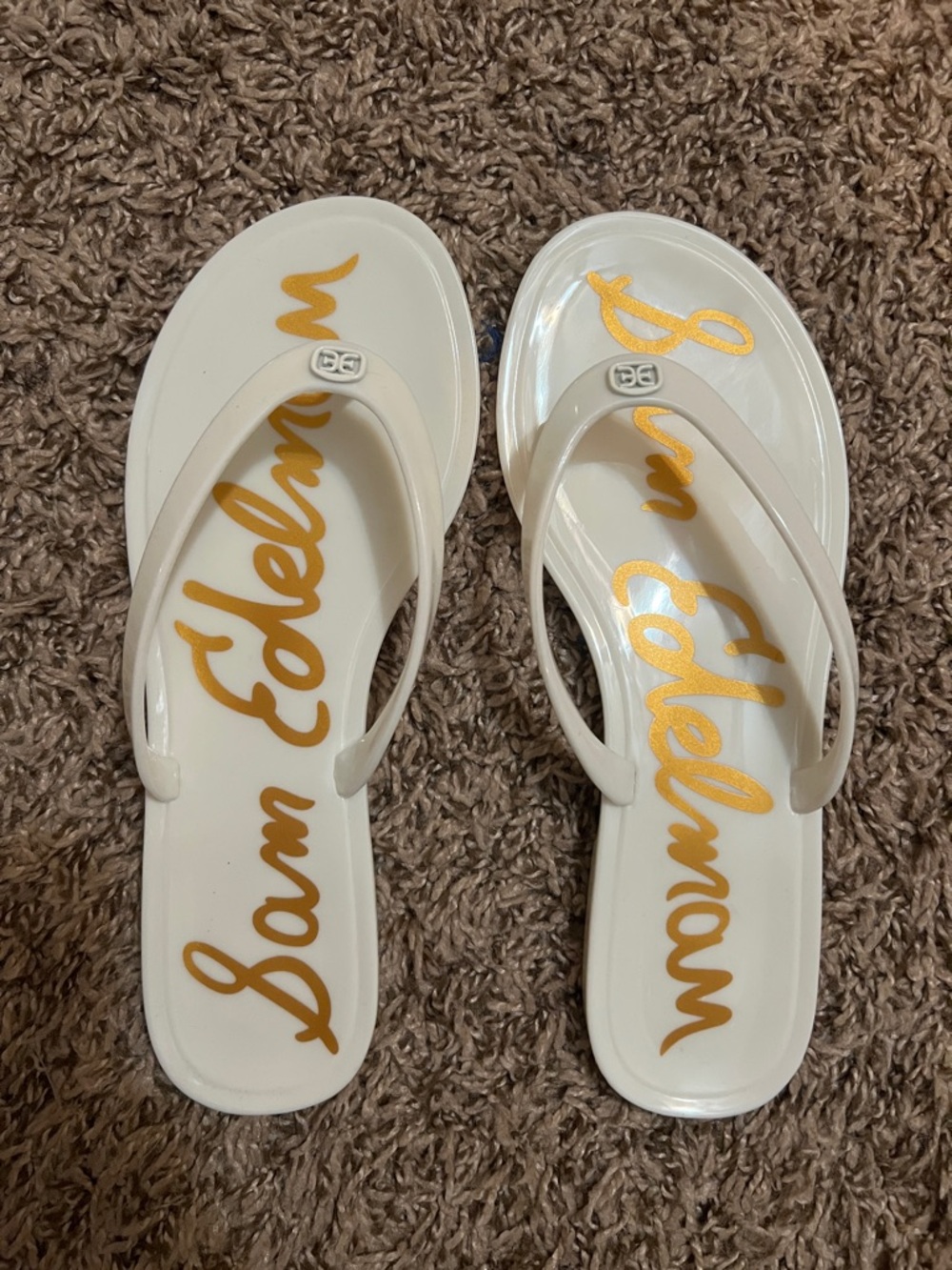 Sam Edelman White Jelly Flip Flops with Gold Script Logo